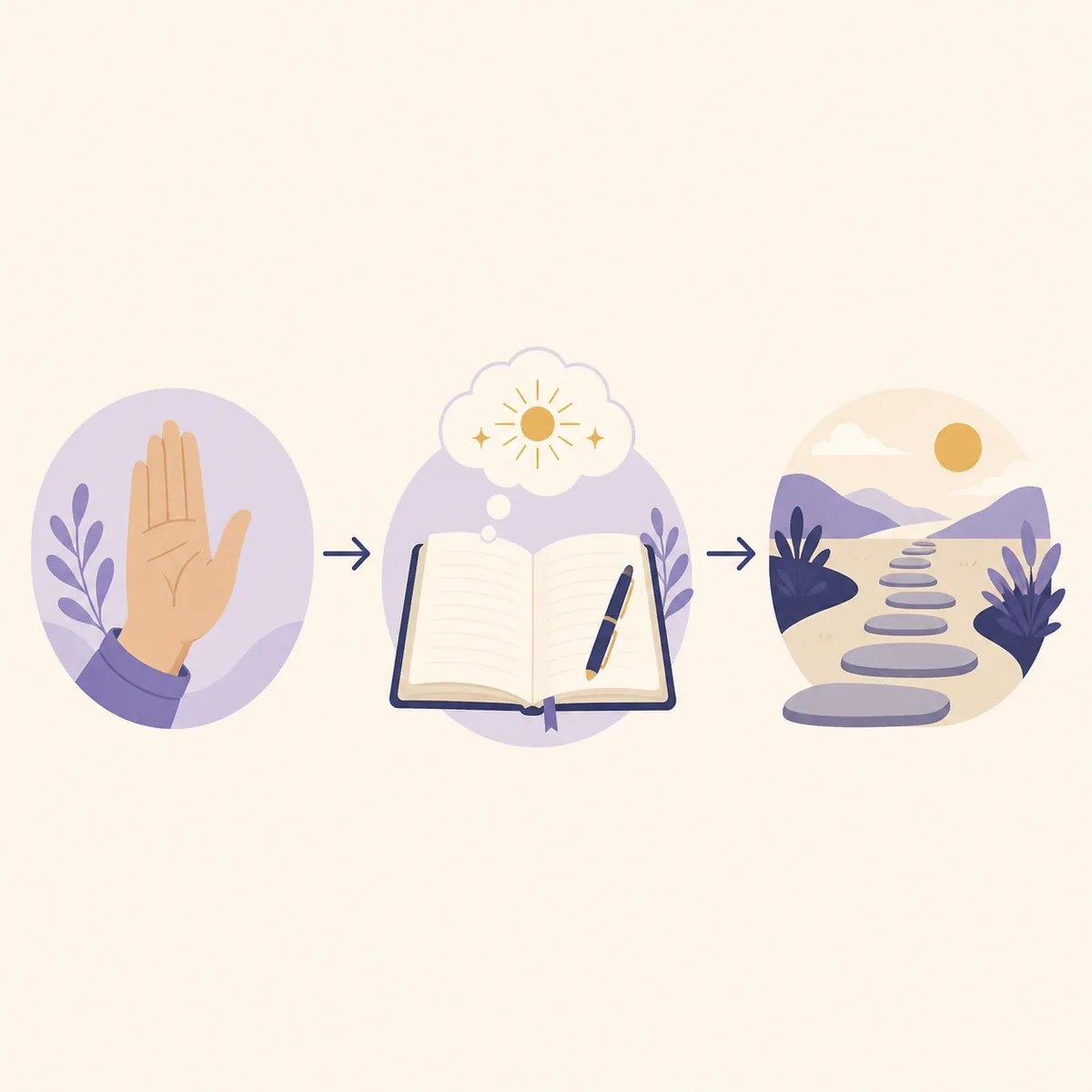 Editorial three-step flow showing pause, journal reflection, and one grounded next step for 111 meaning