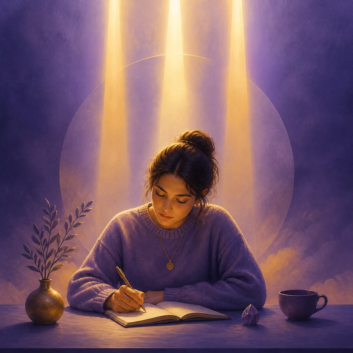 Person journaling beneath three warm beams of light as a visual metaphor for 111 angel number reflection