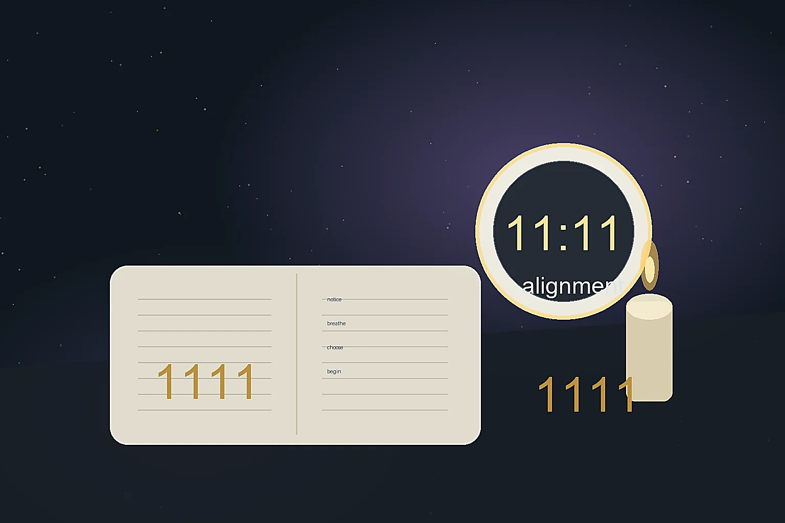 Clock showing 11:11 beside a journal for angel number reflection