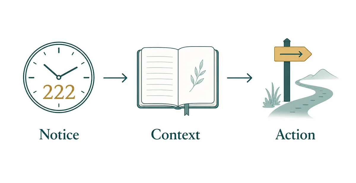 Three-step editorial diagram for noticing 222, naming the context, and choosing action