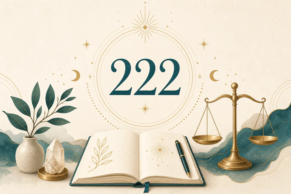Editorial illustration of 222 with a journal and balance scale for angel number reflection