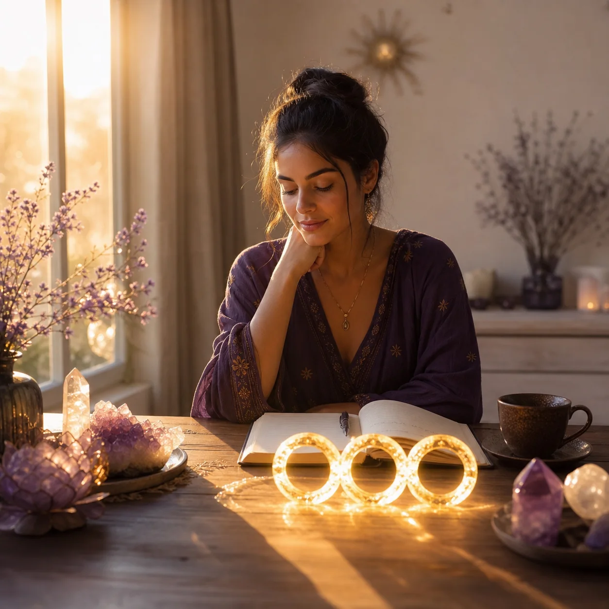 Person reflecting beside glowing golden loops representing the 888 angel number meaning