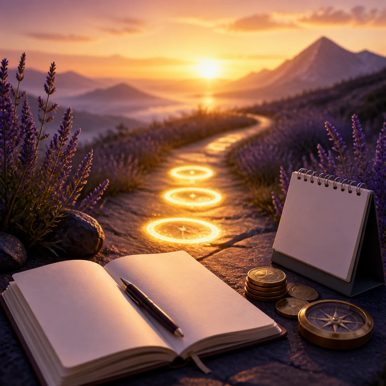 Open journal, compass, coins, and glowing path representing a grounded next step after seeing 888