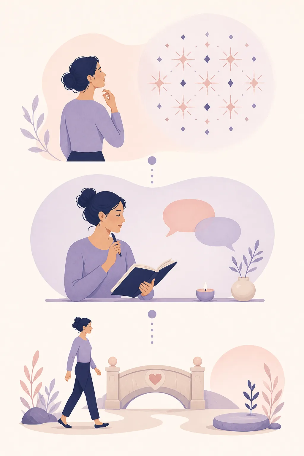 Three-stage editorial illustration showing noticing a repeating pattern, reflecting through communication, and taking a grounded relationship step