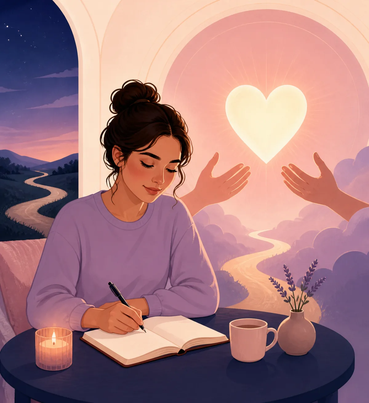 Person journaling beside a glowing heart while reflecting on angel numbers and relationship choices